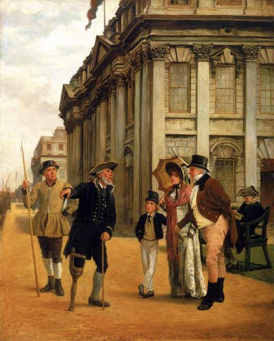 Historien om beboerne, foran King Charles Court-bygningen på Greenwich Hospital taler en beboer med et træben, iført den reglementerede uniform, med et besøgende par og deres søn, omkring dem to andre beboere. af Thomas Davidson
