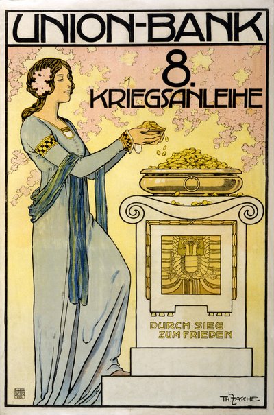 Østrigsk indsamlingskampagne Union-Bank, 8. krigsobligation; gennem sejr til fred, udg. 1918 af Thomas Fasche