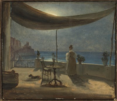 En terrasse i Amalfi i måneskin, ca. 1834 (olie på papir monteret om bord) af Thomas Fearnley