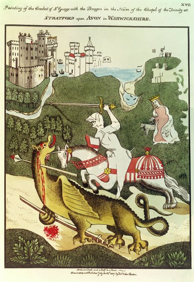 St. George and the Dragon, efter et originalt maleri i Treenighedens Kapel i Stratford Upon Avon, Warwickshire, 1804 af Thomas Fisher Hoxton