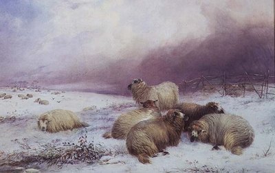 Et vinterlandskab med får af Thomas Francis Wainewright
