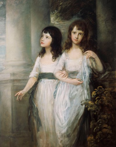Et gruppeportræt af Misses Sloper, begge stående næsten i fuld længde i hvide kjoler med blå skære, af Thomas Gainsborough