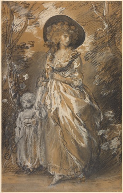 En dame, der går i en have med et barn af Thomas Gainsborough
