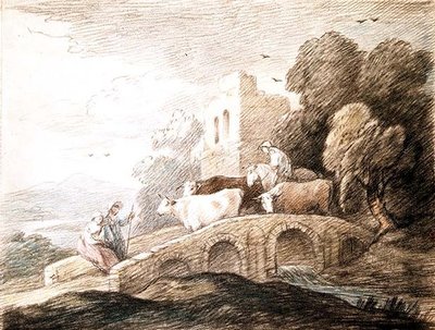 En bro med kvæg passerer over (tegning) af Thomas Gainsborough