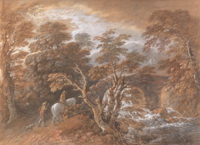 Bakket landskab med figurer, der nærmer sig en bro af Thomas Gainsborough