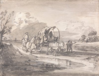 Åbent landskab med ryttere og overdækket vogn af Thomas Gainsborough
