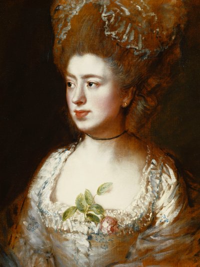 Portræt af frøken Mary Gainsborough, senere fru Fischer, kunstnerens datter, hoved og skuldre, vendt mod hendes højre, iført en blå og hvid kjole med en lyserød rose i sin corsage, af Thomas Gainsborough