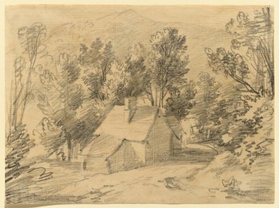 Studie af et hus og et skur i en skovklædt dal af Thomas Gainsborough