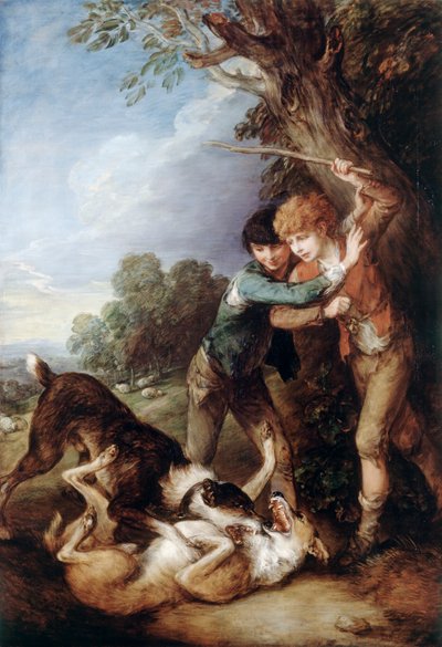 To hyrdedrenge med hunde, der kæmper (olie på lærred) af Thomas Gainsborough