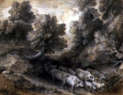 Skovklædt landskab med kvæg og geder, ca. 1768-72 (sort-hvidt kridt på papir) af Thomas Gainsborough