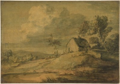 Skovklædt landskab med hytte, køer og får af Thomas Gainsborough
