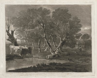 Skovklædt landskab med køer ved siden af en pool, figurer og hytte af Thomas Gainsborough