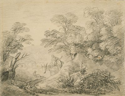 Skovklædt landskab med æsel og figurer, ca. 1759 (grafit på papir) af Thomas Gainsborough