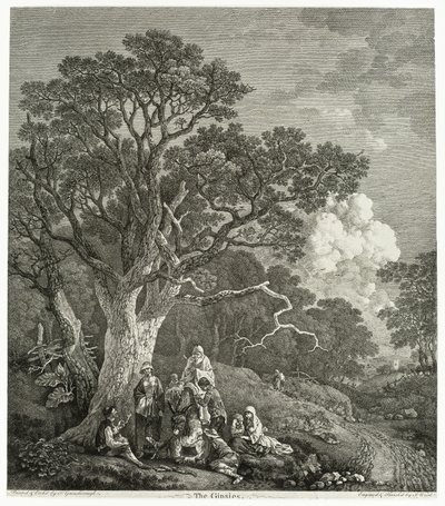 Skovklædt landskab med sigøjnere samlet rundt om et bål af Thomas Gainsborough