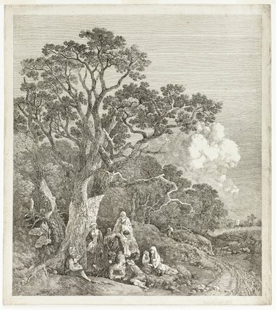 Skovklædt landskab med sigøjnere samlet rundt om et bål af Thomas Gainsborough