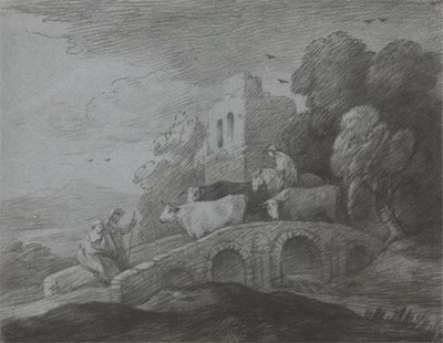 Skovklædt landskab med hyrde, der driver kvæg over en bro, rustikke elskere og ruineret slot af Thomas Gainsborough