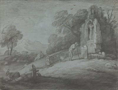 Skovklædt landskab med bondelæsende gravsten, rustikke elskere og ruineret kirke af Thomas Gainsborough