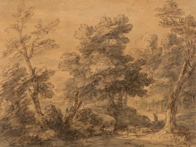 Skovklædt landskab med hyrde og får af Thomas Gainsborough