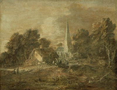 Skovklædt landskab med landsbyscene af Thomas Gainsborough