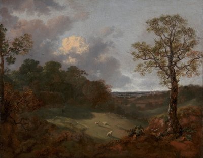 Skovklædt landskab med hytte og hyrde af Thomas Gainsborough