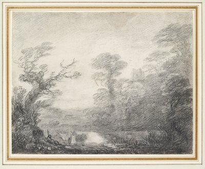 Skovklædt landskab med hyrde, køer og kirketårn af Thomas Gainsborough
