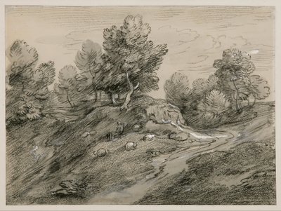 Skovklædt højlandskab med hyrde, får og en landevej, der snor sig om en bakke af Thomas Gainsborough