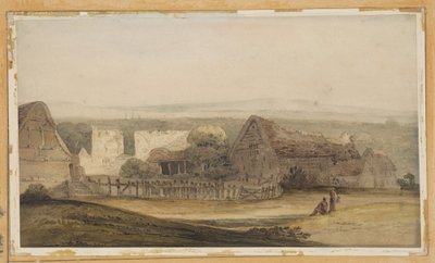 En omfattende bygning med landbrugsbygninger og en kirkeruin af Thomas Girtin