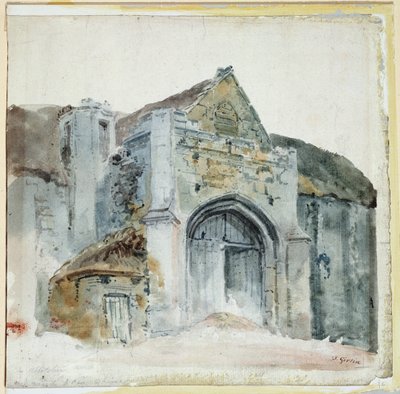 The Tithe Barn, Abbotsbury (akvarel på papir) af Thomas Girtin