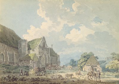 Tithe Barn i Abbotsbury med Abbey på bakken..., ca. 1795 (wc over grafit på papir) af Thomas Girtin