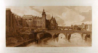Udsigt over Pont au Change, byteatret, Pont Neuf, Conciergerie-fængslet osv., set fra Pont Notre-Dame af Thomas Girtin