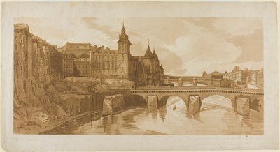 Udsigt over Pont au Change, byteatret, Pont Neuf, Conciergerie-fængslet osv. taget fra Pont Notre Dame, fra et udvalg af tyve af de mest maleriske udsigter i Paris af Thomas Girtin