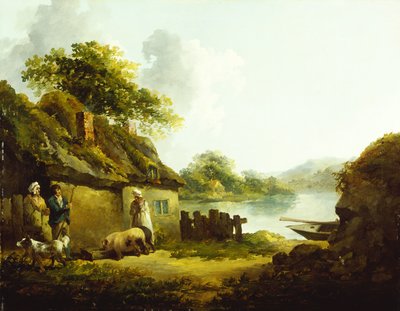 En sigøjnerfamilie uden for en lade i et landskab (olie på lærred) af Thomas Hand