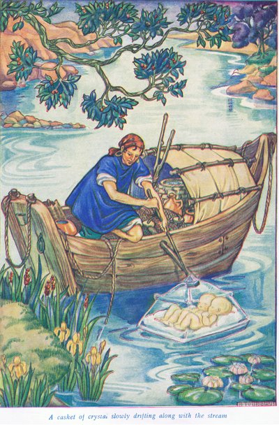 En kiste af krystal flyder langs strømmen (farvelitografi) af Thomas Heath Robinson