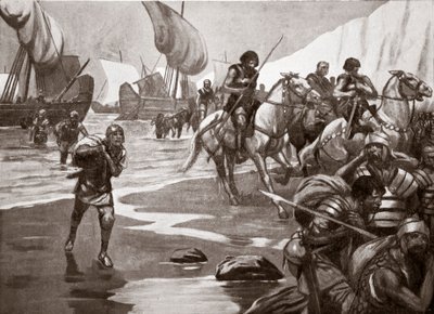 Cæsars anden landgang, 54 f.Kr., illustration fra 