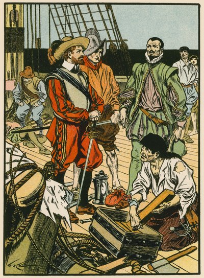 Fanget skat. Sir Francis Drake (farvelitografi) af Thomas Heath Robinson