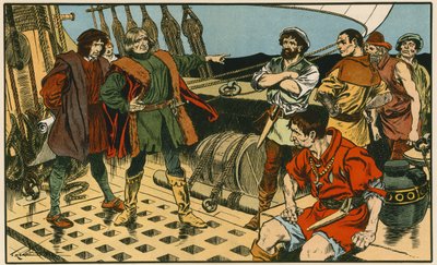 Christoffer Columbus på sin rejse til Amerika (farvelitografi) af Thomas Heath Robinson