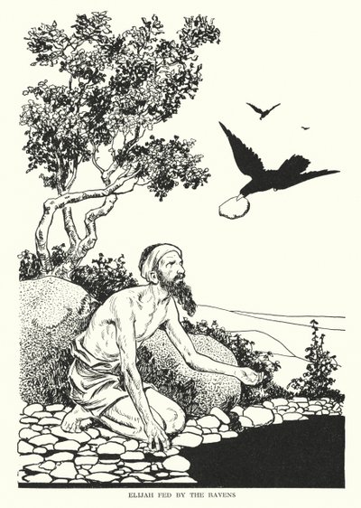 Elias fodret af ravnene (litografi) af Thomas Heath Robinson