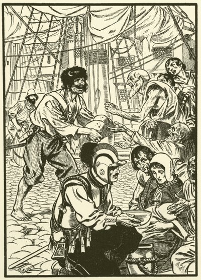 Fodring af de sultne borgere (gravering) af Thomas Heath Robinson