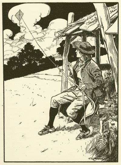 Franklin og hans drage (kobberstik) af Thomas Heath Robinson