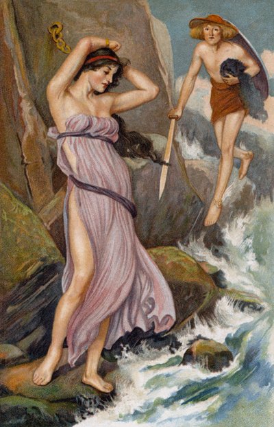 Fuld af medlidenhed ... ... Perseus nærmede sig og så på pigen (chromolitho) af Thomas Heath Robinson