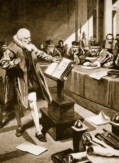 Galileo møder op foran kardinalerne (litografi) af Thomas Heath Robinson