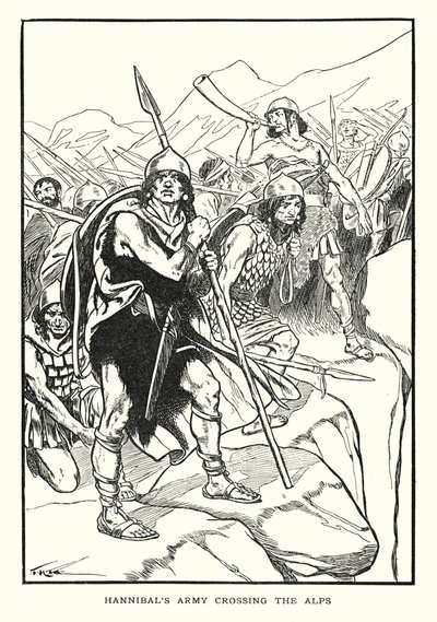 Hannibals hær krydser Alperne (litografi) af Thomas Heath Robinson