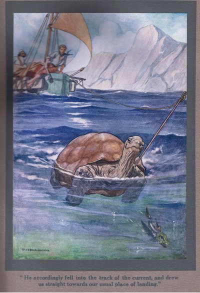 Han faldt derfor i kurvens spor og trak os lige mod vores sædvanlige landingssted (farvelitografi) af Thomas Heath Robinson