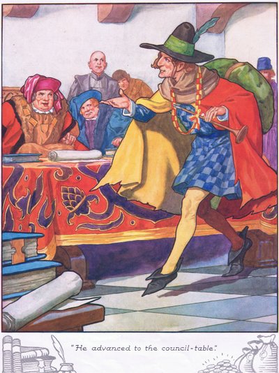 Han gik frem til rådsbordet (farvelitografi) af Thomas Heath Robinson