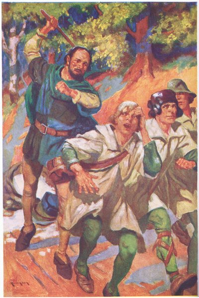 Han drev de tre foran sig, og deres skrig af raseri og smerte blev overdøvet af hans latterbrøl (farvelitografi) af Thomas Heath Robinson