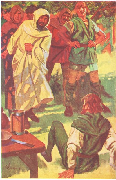 Han rullede sit ærme op og kastede sin arm i vejret og slog den fredløse i brystet (farvelitografi). af Thomas Heath Robinson