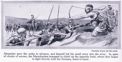 Hvordan Alexander vandt sit imperium: Darius, konge af Persien, samlede en stor hær, som blev besejret af makedonerne i 334 f.v.t., ca. 1950 (litografi) af Thomas Heath Robinson
