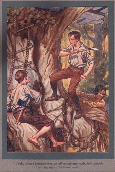 Jack, hvis temperament altid var overilet, havde slået voldsomt til mod biernes bo (farvelitografi) af Thomas Heath Robinson