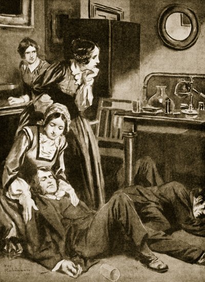 James Simpson og hans assistenter opdager kloroform, november 1847 (litografi) af Thomas Heath Robinson