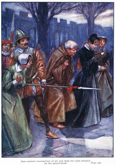 Jane virkede ubevidst om det hele og holdt blikket stift rettet mod sin bønnebog (farvelitografi) af Thomas Heath Robinson